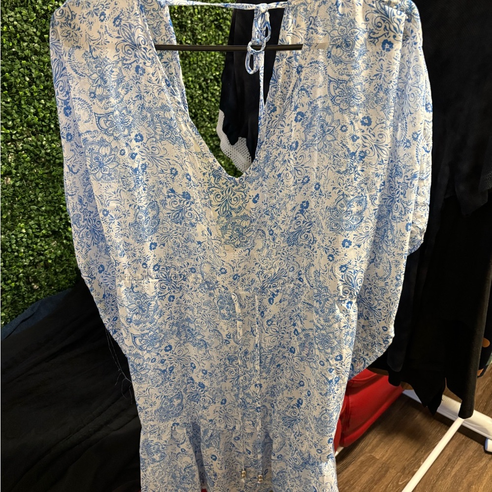Time and Tru Blue and White Patterned Coverup